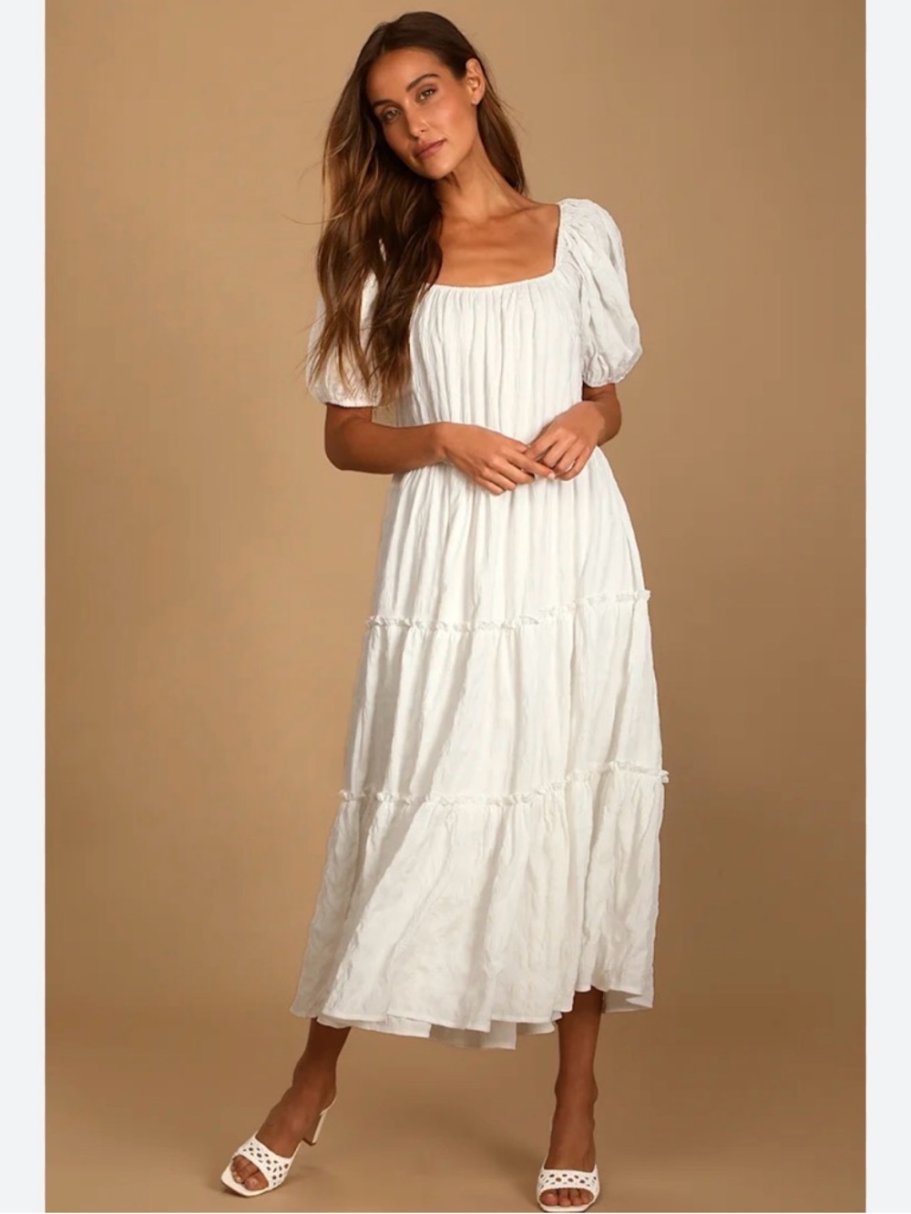 NWOT Lulu’s White Puff-Sleeve Tiered Maxi Dress